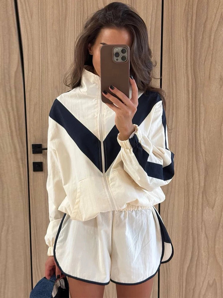 Women Color Block Zip Up 2 Piece Set  Long Sleeve Stand Collar Jacket High Waist Shorts Suit 2026 Spring Autumn Casual Outfit