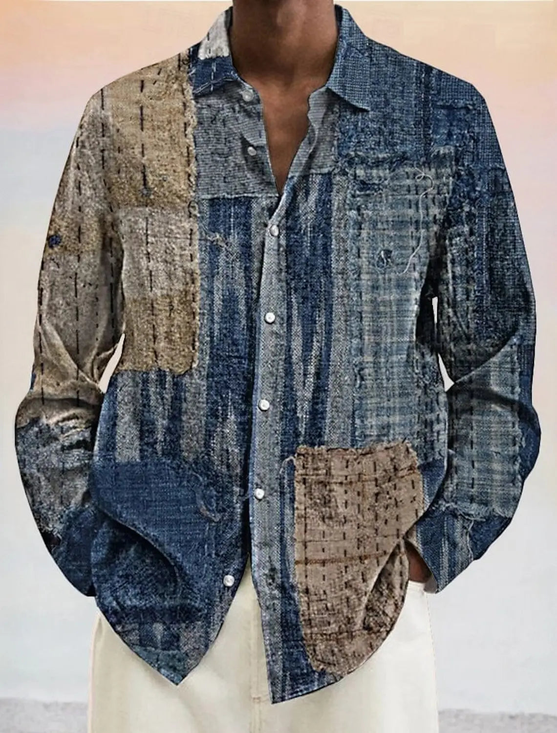 Men's Geometric Color Block Shirt Button Up Shirt Long Sleeve Fashion Casual Vacation Turndown 3D Print Polyster Shirts
