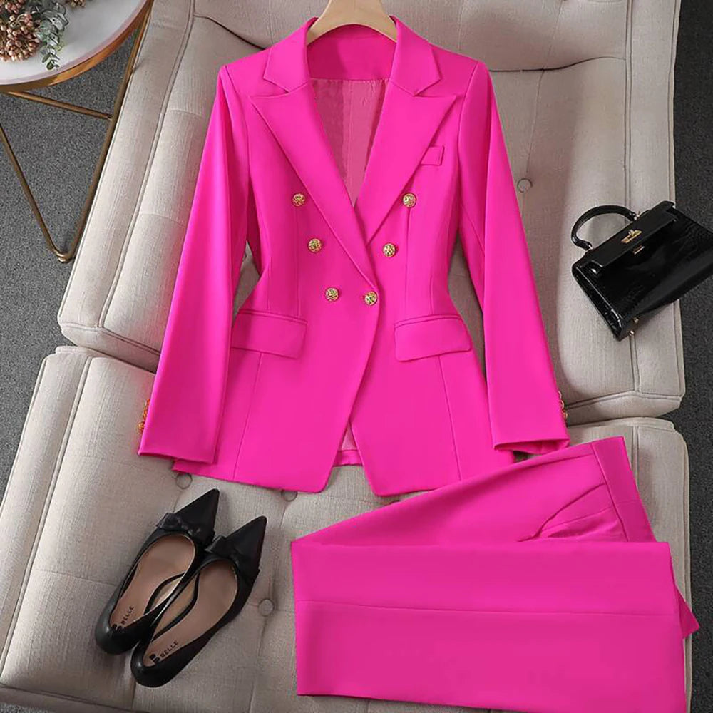 Cakrisyal Women Elegant Formal Blazer Sets Double Breasted Lapel Blazer And Straight Slim Pants Evening Party Wedding Blazer Set