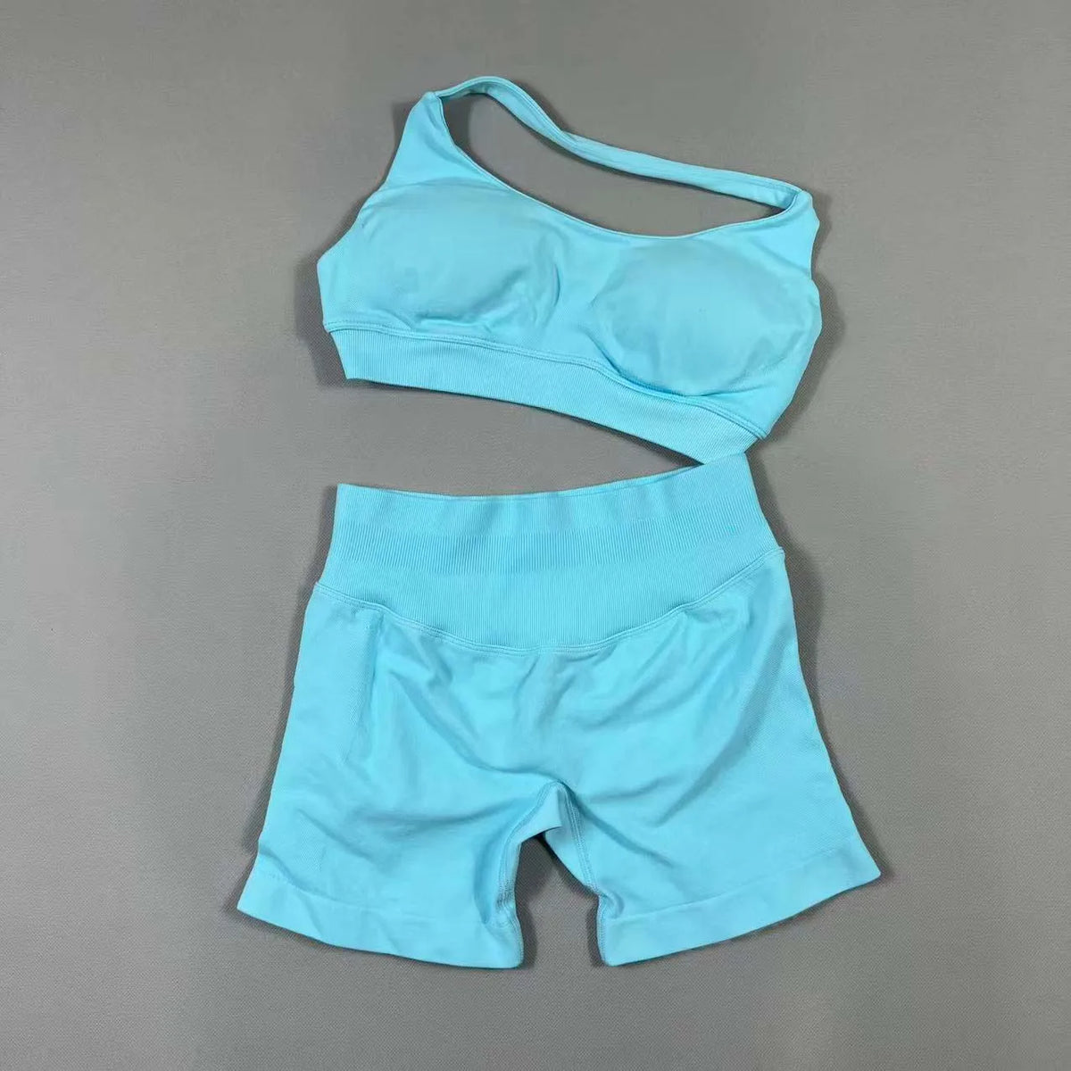2Pcs Seamless Halter Neck Backless Yoga Outfit High Waist Ribbed Scrunch Shorts Set for Women Gym Sports Pilates Active Wear
