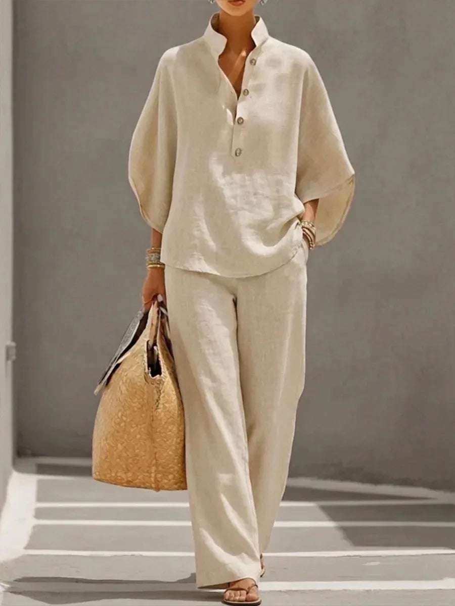 Fashion Cotton Linen Pant Set Women's Matching Sets Casual Stand Collar Button Top Wide Leg 2-piece Set Retro Female Office Suit