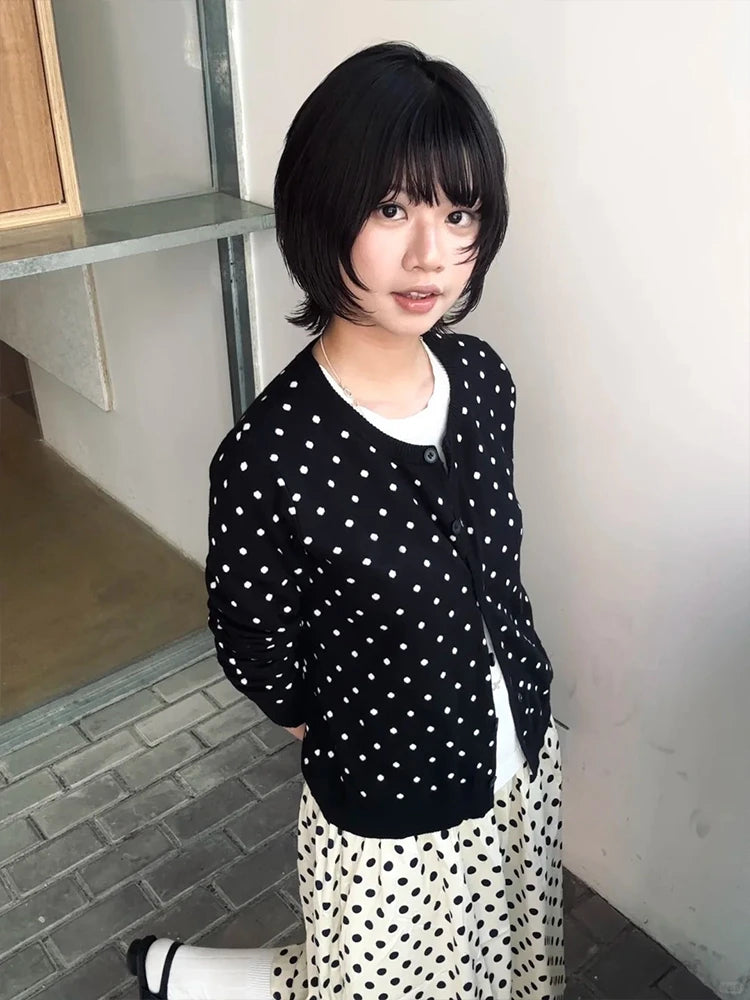 Tonngirls Korean Style Sweater Women Knit Dot Black Cardigan Y2k Japanses 2000s Tops Streetwear Fairycore Pullovers E-girls