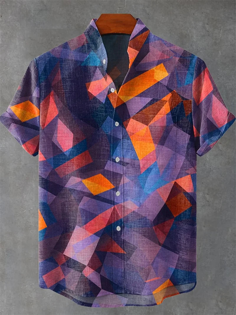 Vintage Men's Shirt Comfortable Short Sleeve Fashion 3D Crane Printed Art Pattern, Button Top, Summer Top