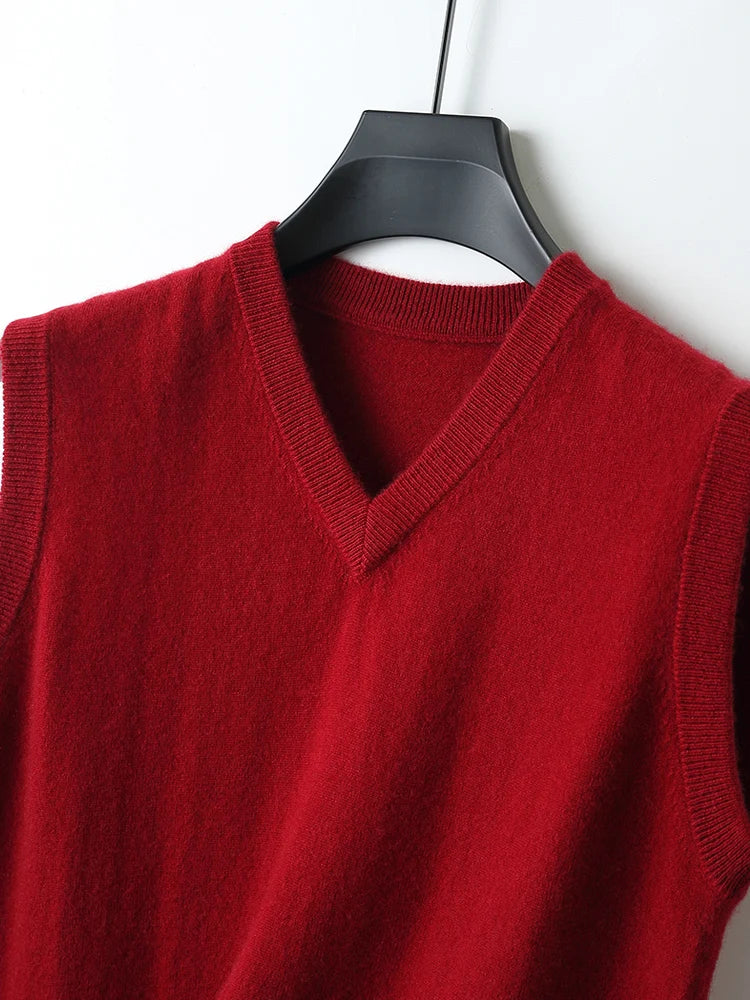 Autumn Winter Men's Wool Vests V-neck Sleeveless Pullover Sweater 100% Merino Wool Knitted Basic Smart Casual Cashmere Waistcoat