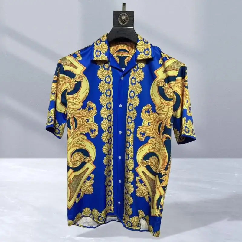 Vintage men's luxurious gold Baroque chain patterned high-quality short sleeved shirt suitable for street parties