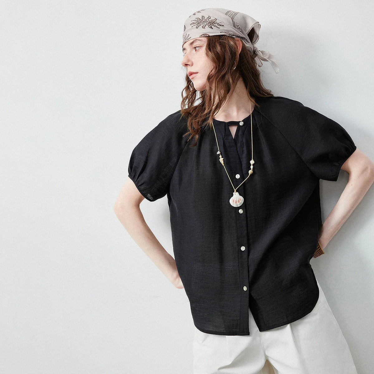TOYOUTH Women Shirt 2026 Summer New Cool Feeling Lyocell Acetate Puff Sleeve Loose Wrinkled V Neck Casual Tops
