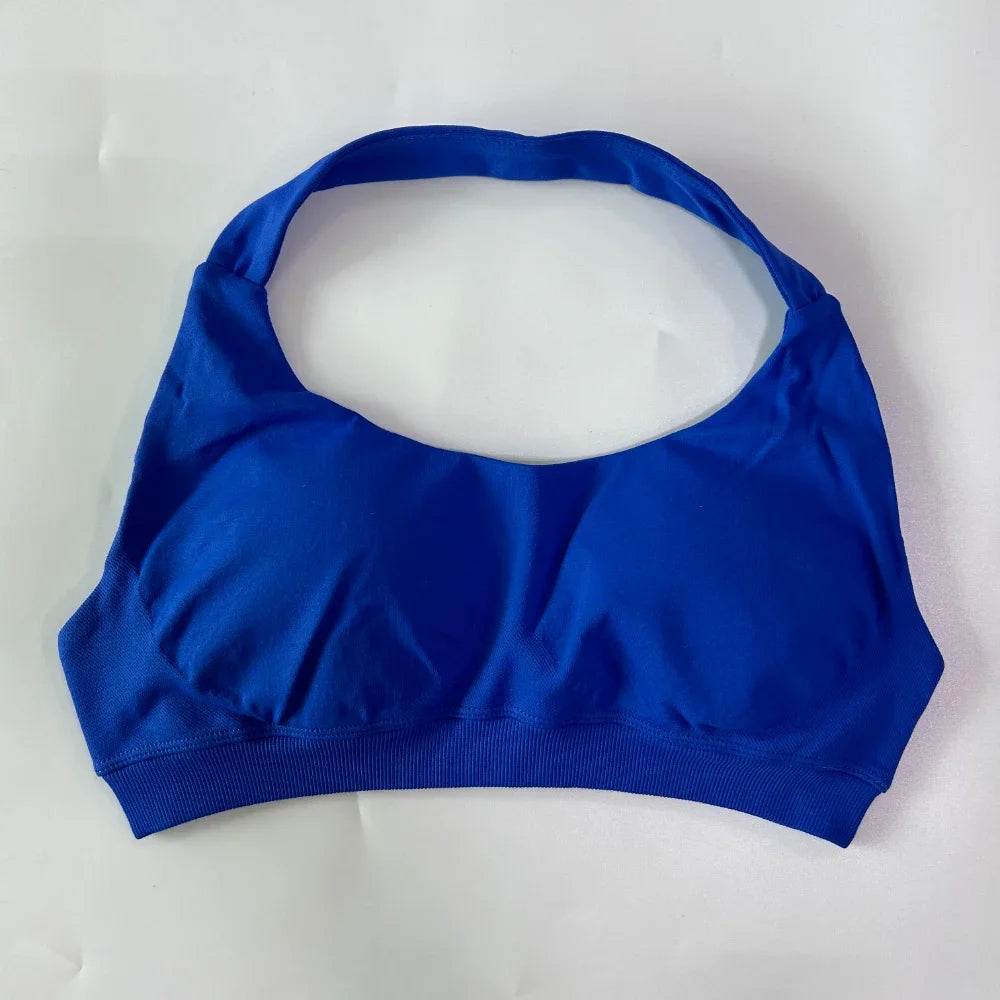 2Pcs Seamless Halter Neck Backless Yoga Outfit High Waist Ribbed Scrunch Shorts Set for Women Gym Sports Pilates Active Wear