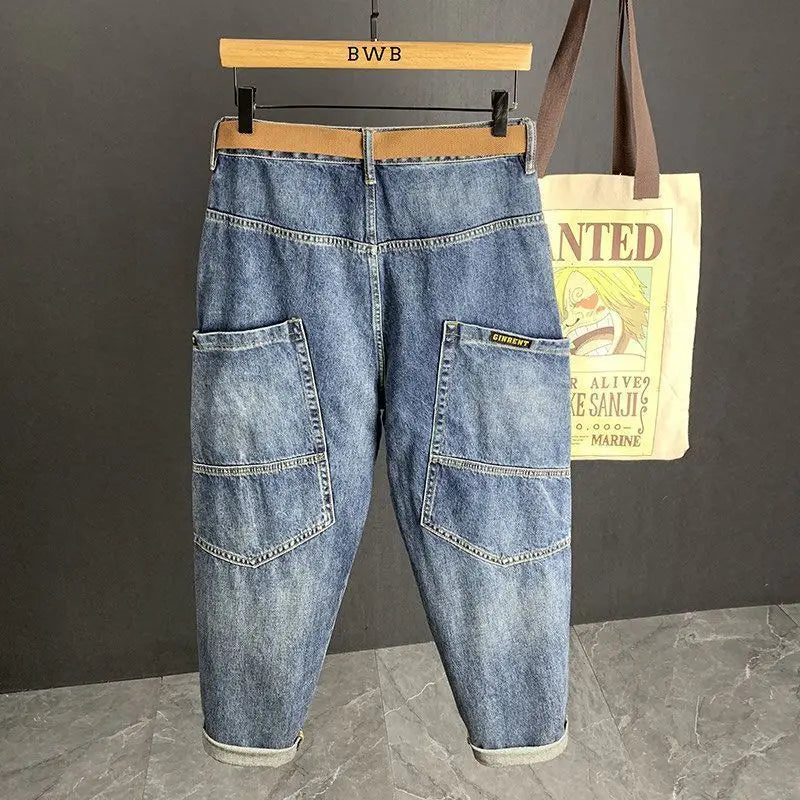 Spring Autumn Loose Blue Jeans for Men Designer Hip-hop Streetwear Straight-leg Casual Workwear Pants Washed Baggy Trousers Men