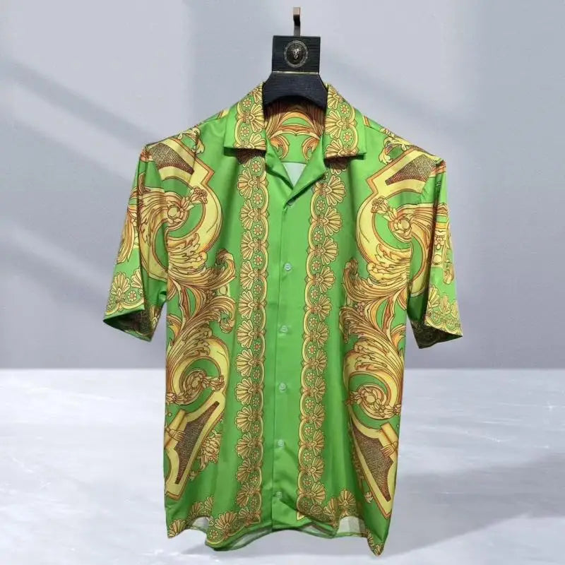 Vintage men's luxurious gold Baroque chain patterned high-quality short sleeved shirt suitable for street parties