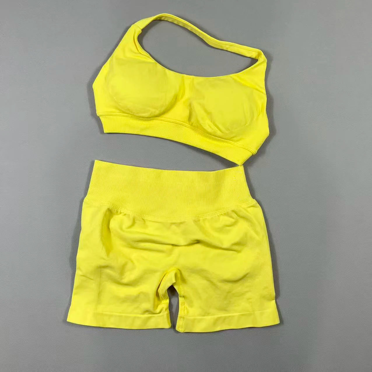 2Pcs Seamless Halter Neck Backless Yoga Outfit High Waist Ribbed Scrunch Shorts Set for Women Gym Sports Pilates Active Wear