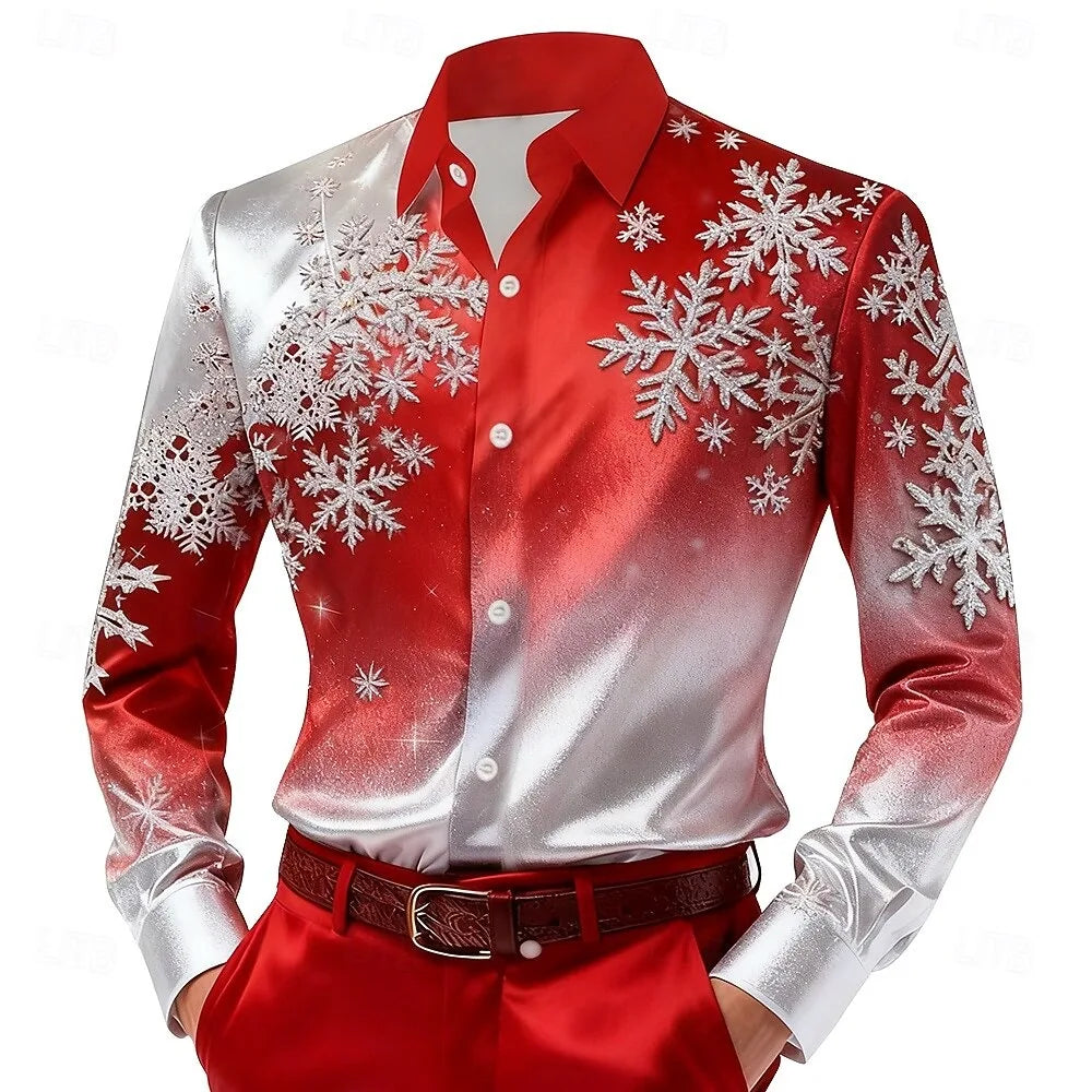 Christmas style men's long sleeved shirt, colorful snowflake 3D printed men's clothing, outdoor fashion top
