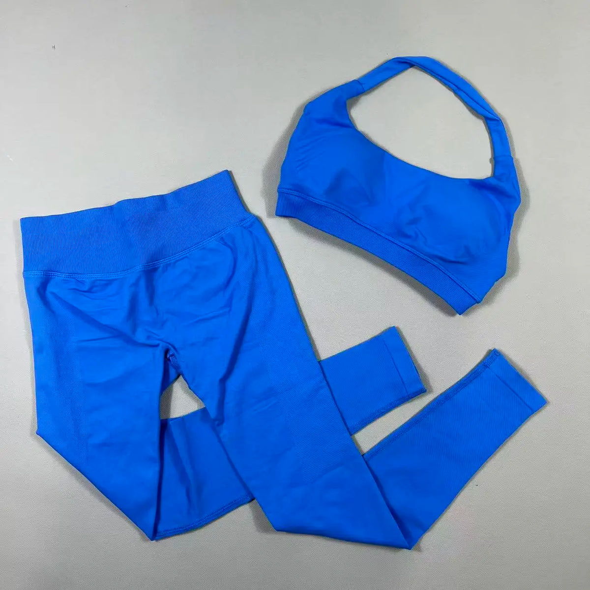 2Pcs Seamless Halter Neck Backless Yoga Outfit High Waist Ribbed Scrunch Shorts Set for Women Gym Sports Pilates Active Wear