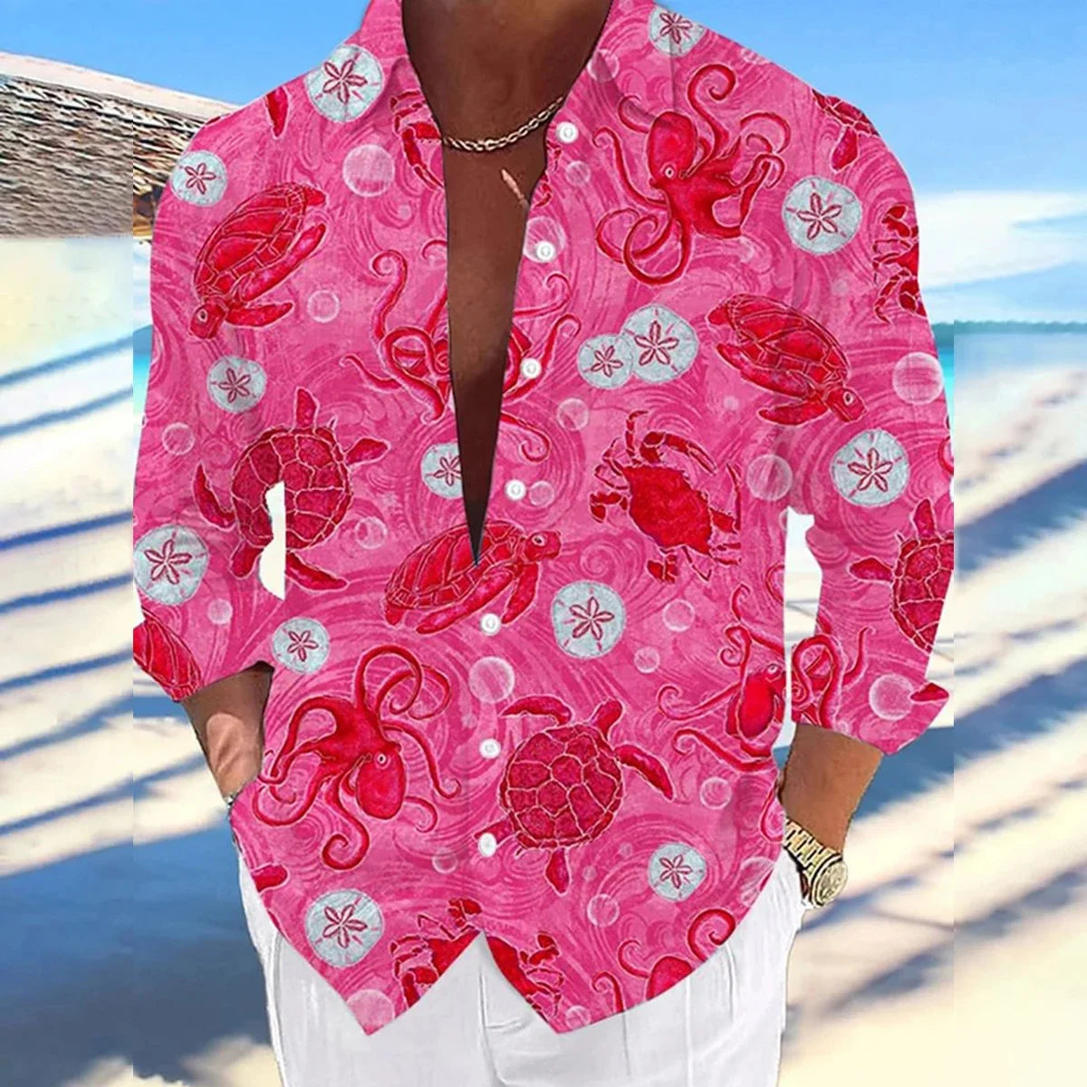 Men's Long-sleeved Linen Shirt Casual And Comfortable Printed Sea Octopus Turtle Series Pattern Hawaiian Comfortable Large Size