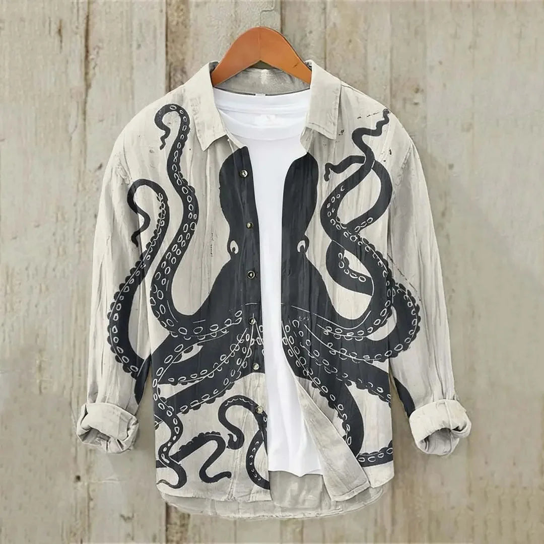 Men's Long-sleeved Linen Shirt Casual And Comfortable Printed Sea Octopus Turtle Series Pattern Hawaiian Comfortable Large Size