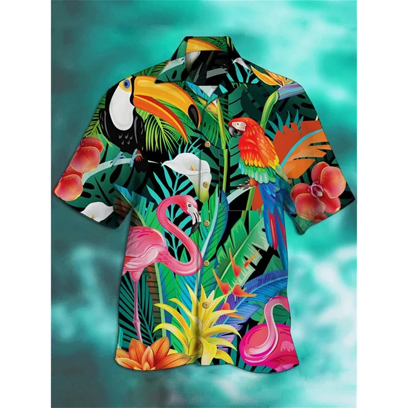 Anime Cartoon Flamingo Funny Shirt For Men Retro Plant 3D Print Leisure Quickly Dry Button Shirts Summer Street Popular Blouse