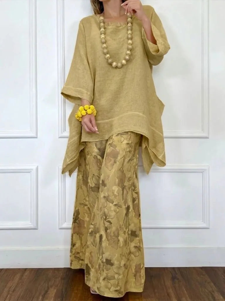 Fashion Cotton Linen Irregular Hem Top Wide-leg Pants 2-piece Set Women Summer Casual Retro Elegant Female Simple Trousers Suit
