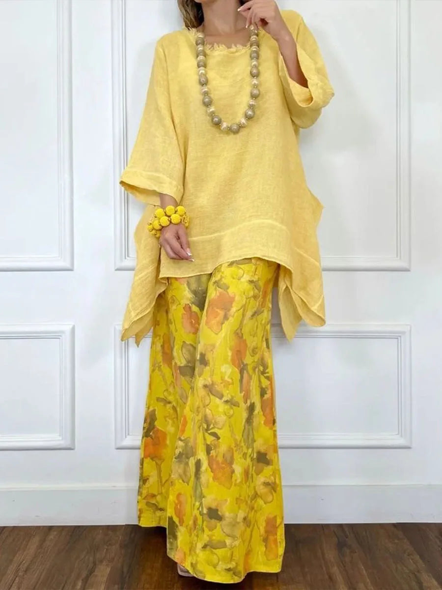 Fashion Cotton Linen Irregular Hem Top Wide-leg Pants 2-piece Set Women Summer Casual Retro Elegant Female Simple Trousers Suit
