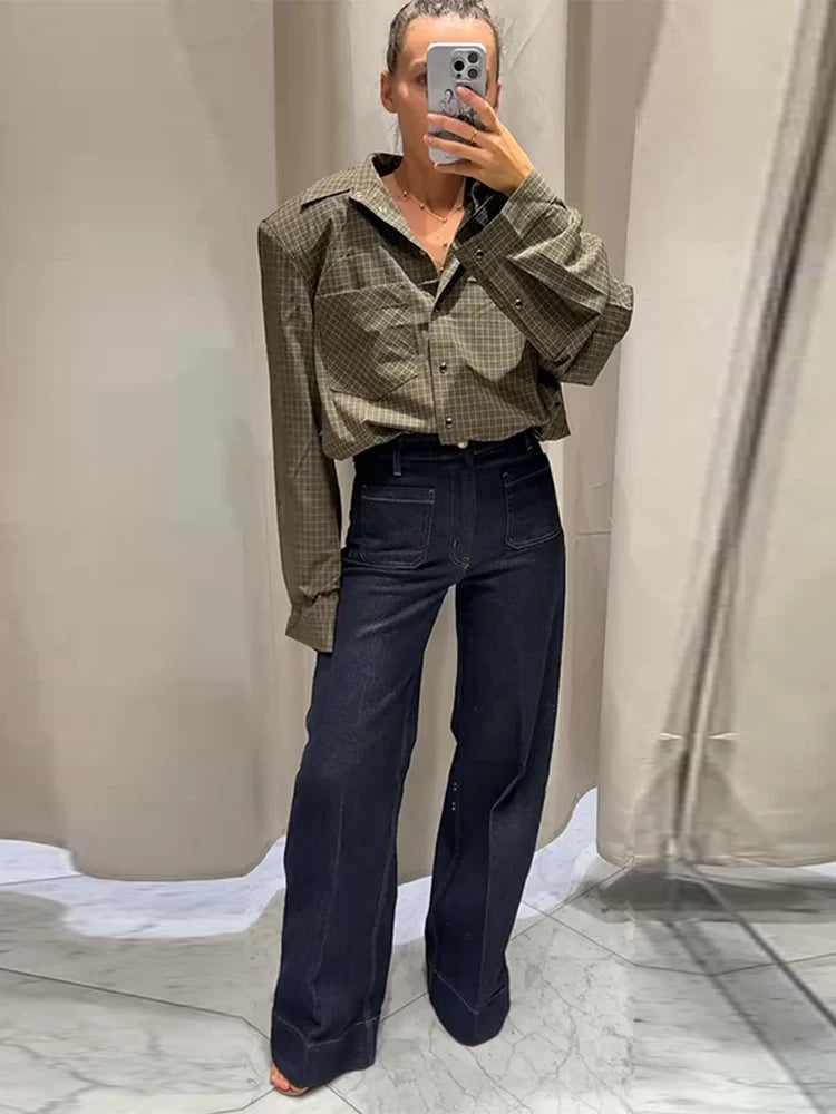 Casual Women's Grid Shirts Shoulder Pad Turn-Down Collar Button Loose Lady Shirt 2026 Spring Fashion Female Street Outwear