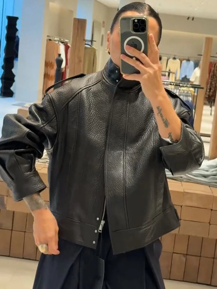 Street PU Leather Bomber Jacket Women Zipper Stand Collar Pocket Loose Vintage Full Sleeve Coat Female 2025 Autumn Lady Outwear