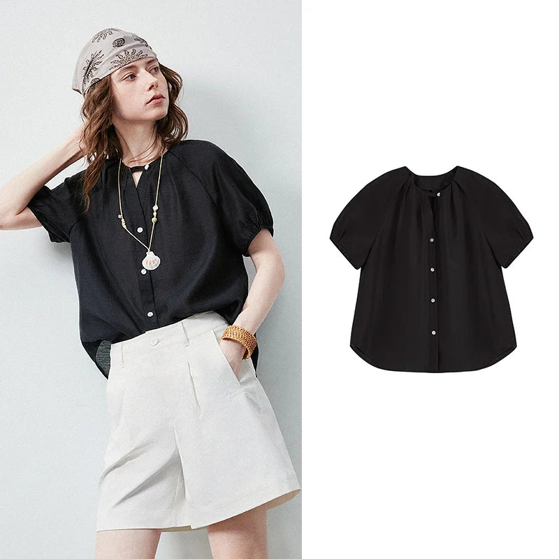 TOYOUTH Women Shirt 2026 Summer New Cool Feeling Lyocell Acetate Puff Sleeve Loose Wrinkled V Neck Casual Tops