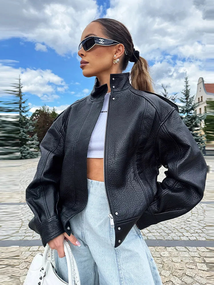Street PU Leather Bomber Jacket Women Zipper Stand Collar Pocket Loose Vintage Full Sleeve Coat Female 2025 Autumn Lady Outwear