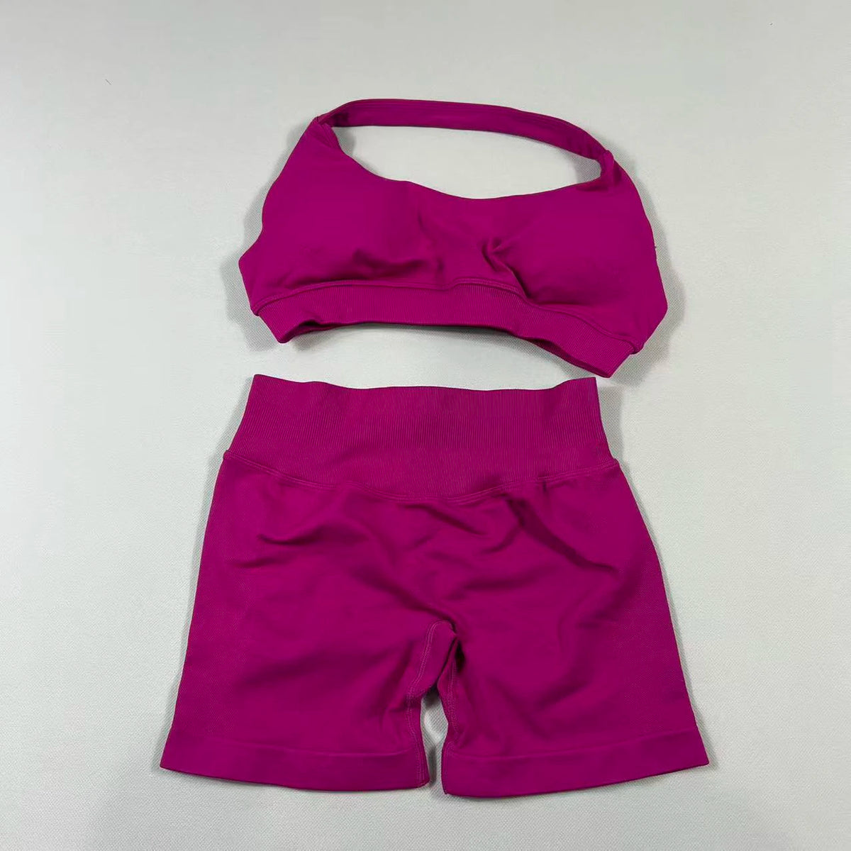 2Pcs Seamless Halter Neck Backless Yoga Outfit High Waist Ribbed Scrunch Shorts Set for Women Gym Sports Pilates Active Wear
