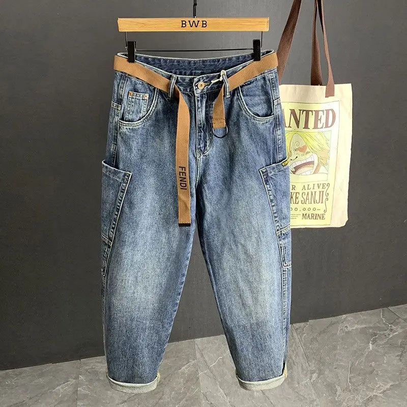 Spring Autumn Loose Blue Jeans for Men Designer Hip-hop Streetwear Straight-leg Casual Workwear Pants Washed Baggy Trousers Men
