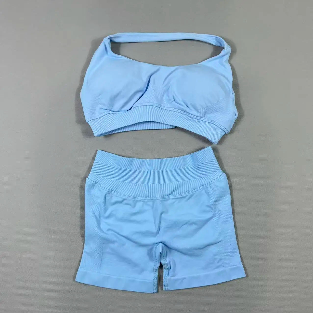 2Pcs Seamless Halter Neck Backless Yoga Outfit High Waist Ribbed Scrunch Shorts Set for Women Gym Sports Pilates Active Wear